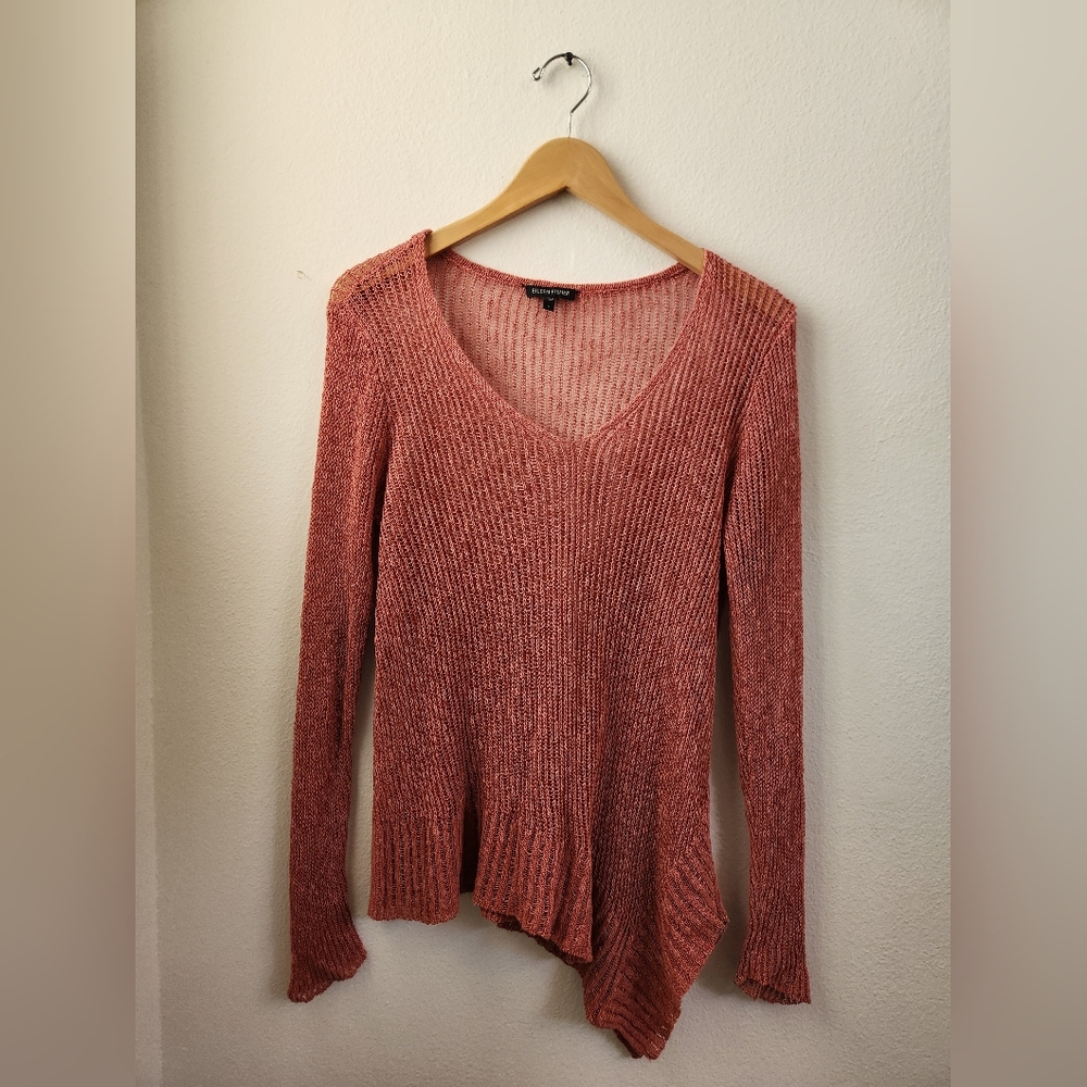 Eileen Fisher Sweater Women's Asymetrical Open Knit Linen Blend Coral Size Small